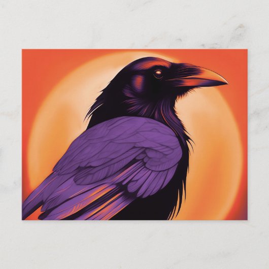 Tekening van een raaf op een neon oranje achtergro briefkaart (Voorkant)