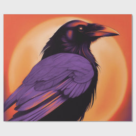 Tekening van een raaf op een neon oranje achtergro cadeaupapier