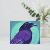 Tekening van een raaf op neon blauwe achtergrond briefkaart (Staand voorkant)