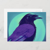 Tekening van een raaf op neon blauwe achtergrond briefkaart (Voorkant / Achterkant)