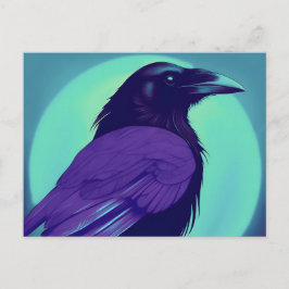 Tekening van een raaf op neon blauwe achtergrond briefkaart