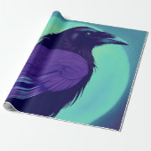 Tekening van een raaf op neon blauwe achtergrond cadeaupapier (Uitgerold)