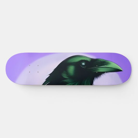 Tekening van een raaf op neon paarse achtergrond persoonlijk skateboard (Horizontaal)