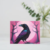 Tekening van een raaf op neon roze achtergrond briefkaart (Staand voorkant)