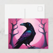 Tekening van een raaf op neon roze achtergrond briefkaart (Voorkant / Achterkant)