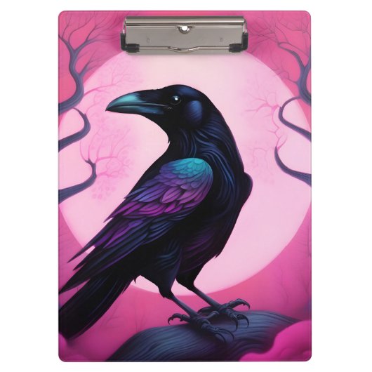 Tekening van een raaf op neon roze achtergrond klembord (Voorkant)