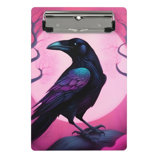 Tekening van een raaf op neon roze achtergrond mini klembord (Voorkant)