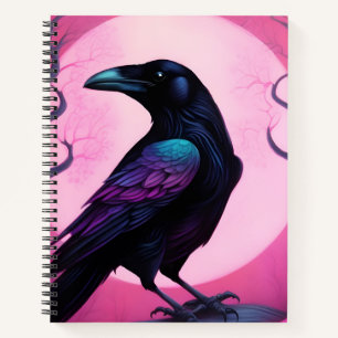 Tekening van een raaf op neon roze achtergrond notitieboek