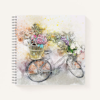  tekening van een retrorfiets met bloemen notitieboek