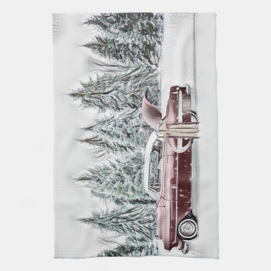  Tekening van een Rode Auto en Kerstbomen Theedoek (Verticaal)