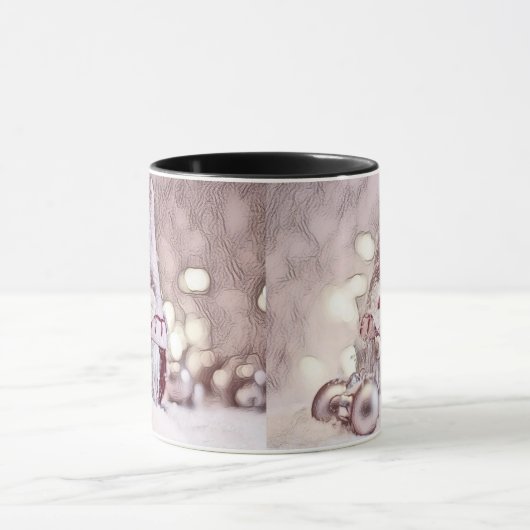 tekening van een roze gnoom op sneeuw mok (Midden)