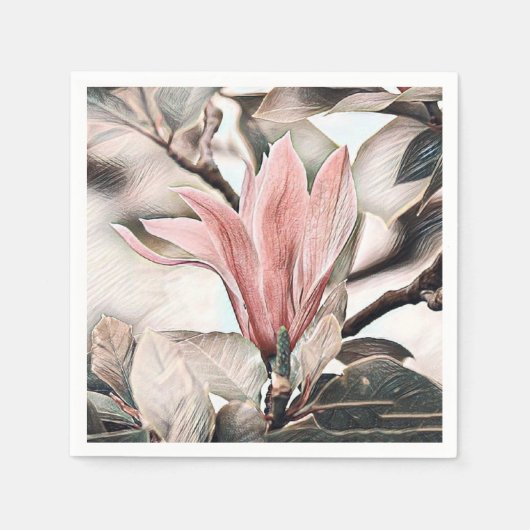 Tekening van een roze magnolia-aftakking Papier Na Servet (Voorkant)