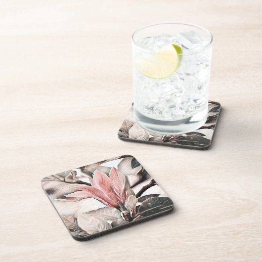 Tekening van een roze magnolia tak bier onderzetter (Rechterzijde)