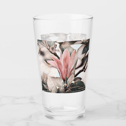 Tekening van een roze magnolia tak glas (Voorkant)