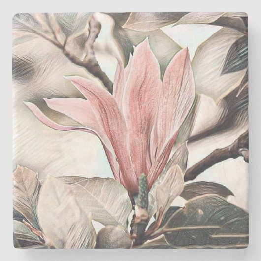 Tekening van een roze magnolia tak stenen onderzetter (Voorkant)