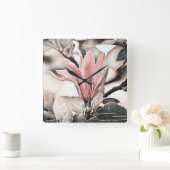 Tekening van een roze magnoliebloementak vierkante klok (Huis)
