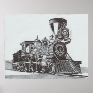 Tekening van een stoomlocomotief poster