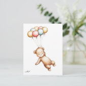 Tekening van een teddybeer die met ballonnen vlieg briefkaart (Staand voorkant)