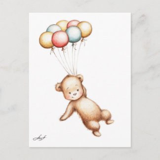 Tekening van een teddybeer die met ballonnen vlieg briefkaart