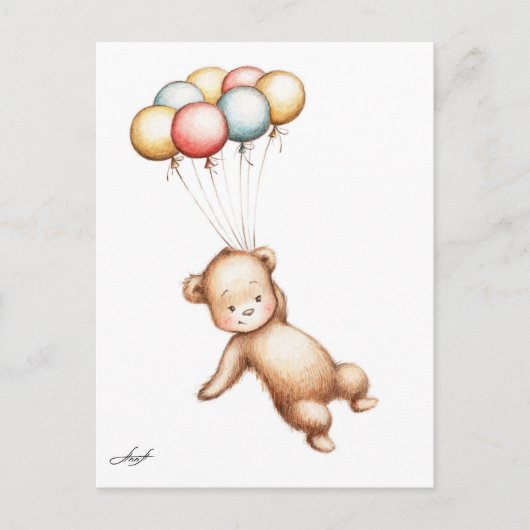 Tekening van een teddybeer die met ballonnen vlieg briefkaart (Voorkant)