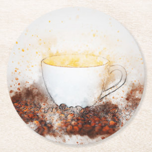 Tekening van een warme kop koffie onder koffiebone ronde kartonnen onderzetter