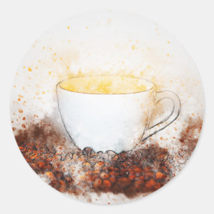 Tekening van een warme kop koffie onder koffiebone ronde sticker