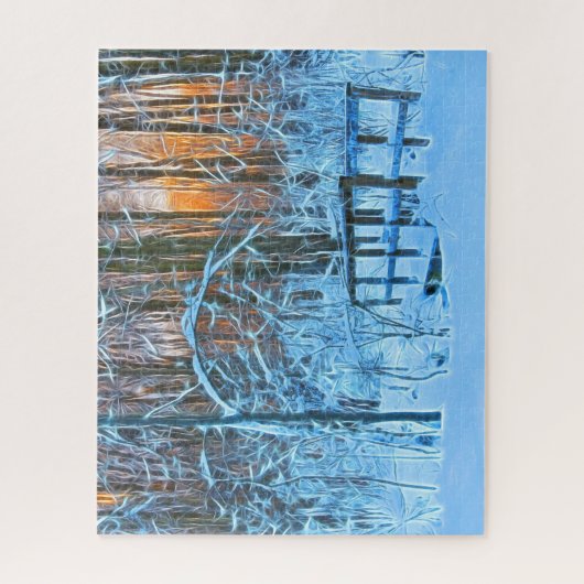 Tekening van een winterlandschap bij zonsondergang legpuzzel (Verticaal)