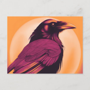 Tekening van een zwarte raaf op geel sinaasappel briefkaart