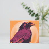 Tekening van een zwarte raaf op geel sinaasappel briefkaart (Staand voorkant)