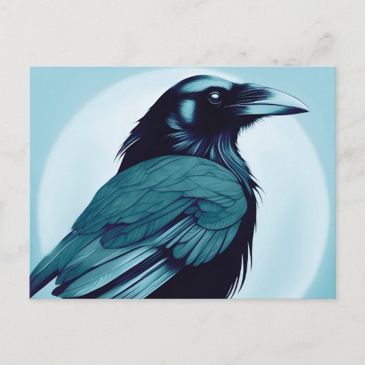 Tekening van een zwarte raaf op lichtblauw briefkaart (Voorkant)