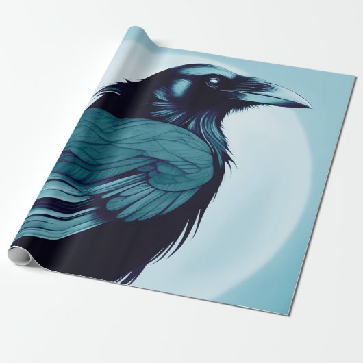 Tekening van een zwarte raaf op lichtblauw cadeaupapier (Uitgerold)