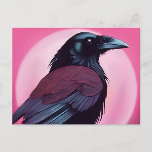 Tekening van een zwarte raaf op neon roze briefkaart (Voorkant)