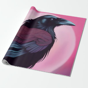 Tekening van een zwarte raaf op neon roze cadeaupapier