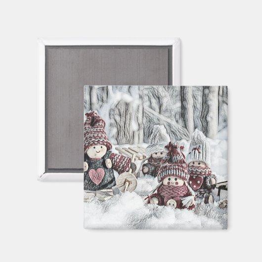  tekening van gnomen in de sneeuw magneet (Voorkant / Achterkant)