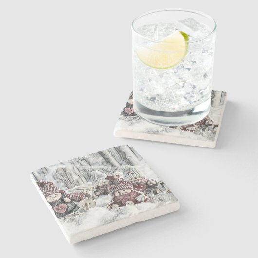 tekening van gnomen in de sneeuw stenen onderzetter (Zijkant)