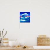 Tekening van grote blauwe golvende kunst poster (Keuken)