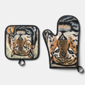 Tekening van het tijgerkleurenpotlood ovenwant & pannenlap set (Voorkant)