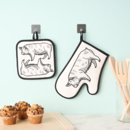 Tekening van het varkenspaar ovenwant & pannenlap set