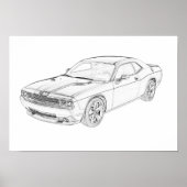 Tekening van het zwarte en witte dodge Challenger  Poster (Voorkant)