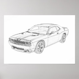 Tekening van het zwarte en witte dodge Challenger  Poster