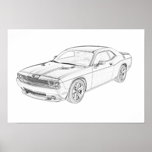 Tekening van het zwarte en witte dodge Challenger  Poster (Voorkant)