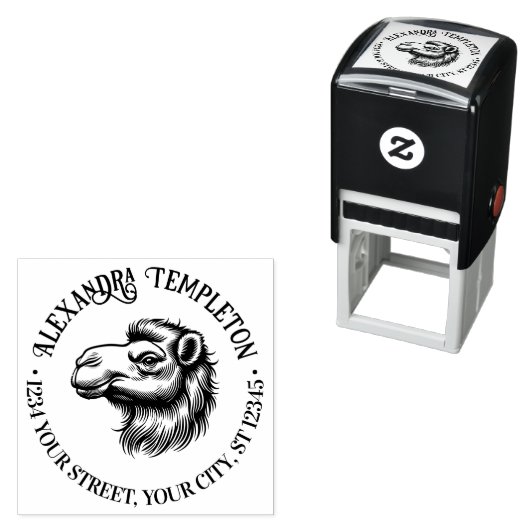 Tekening van kameelkop Naam Retouradres #1P Zelfinktende Stempel (In situ)