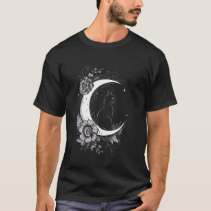 Tekening van kat zittend op halve maan bloemen ste t-shirt