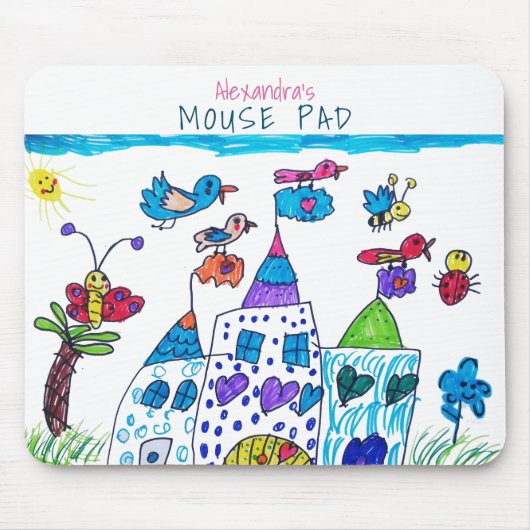 Tekening van kind, kleurrijk kasteel muismat (Voorkant)