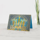 Tekening van Menorah Grijs Geel Blauw Gelukkig Han Feestdagen Kaart (Voorkant)