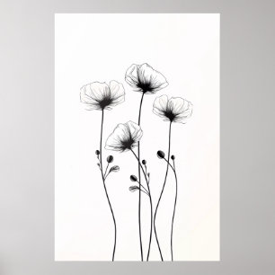 Tekening van minimalistische bloemen, in zwart-wit poster