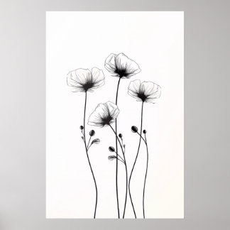 Tekening van minimalistische bloemen, in zwart-wit poster