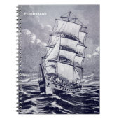 Tekening van oud zeilschip in marineblauw en kustz notitieboek (Voorkant)