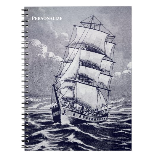 Tekening van oud zeilschip in marineblauw en kustz notitieboek (Voorkant)