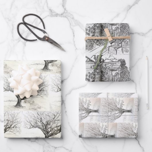 Tekening van pen- en inktboom inpakpapier vel (Voorkant)